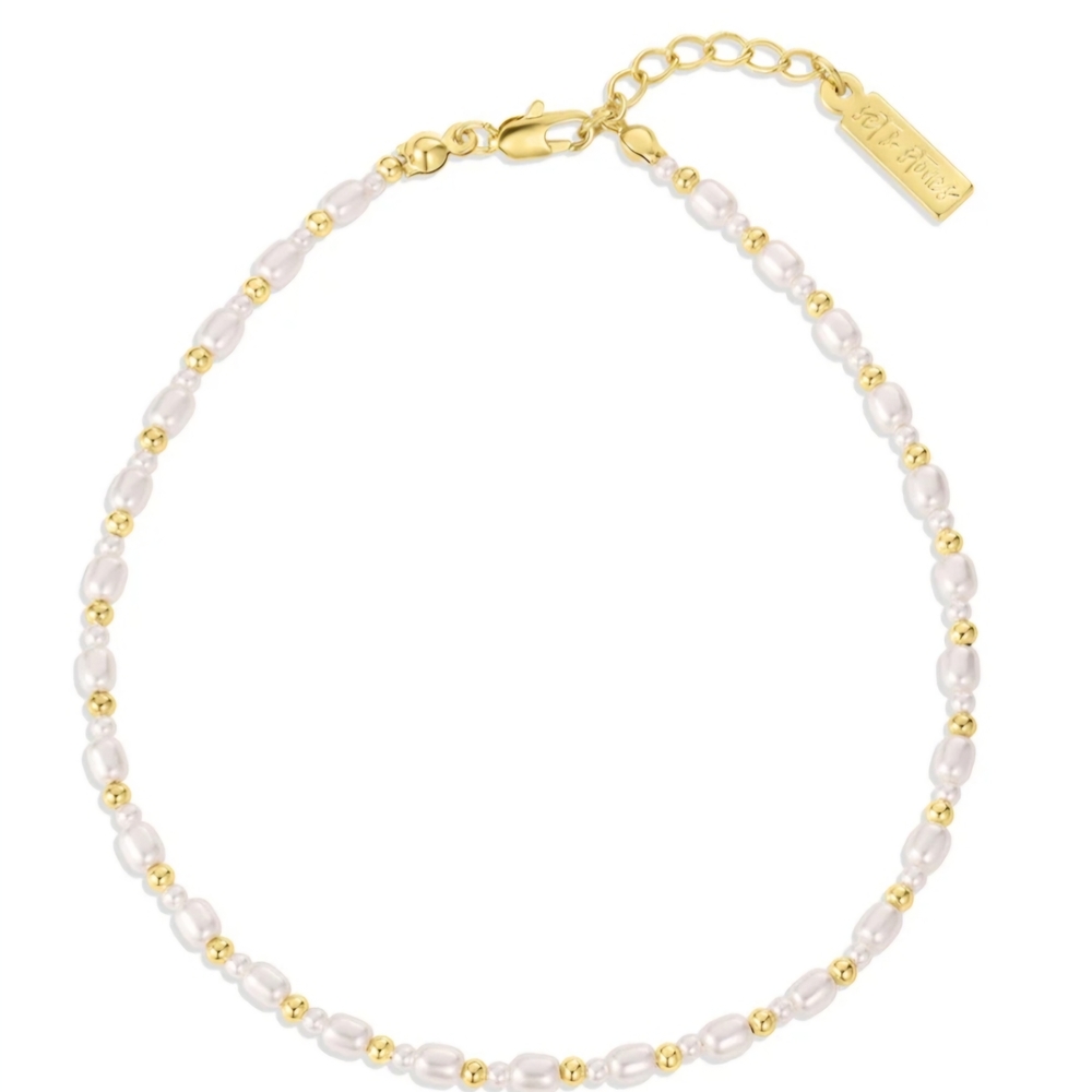 Set & Stones Gold and White Glass Beaded Ankle Bracelet with Adjustable Chain